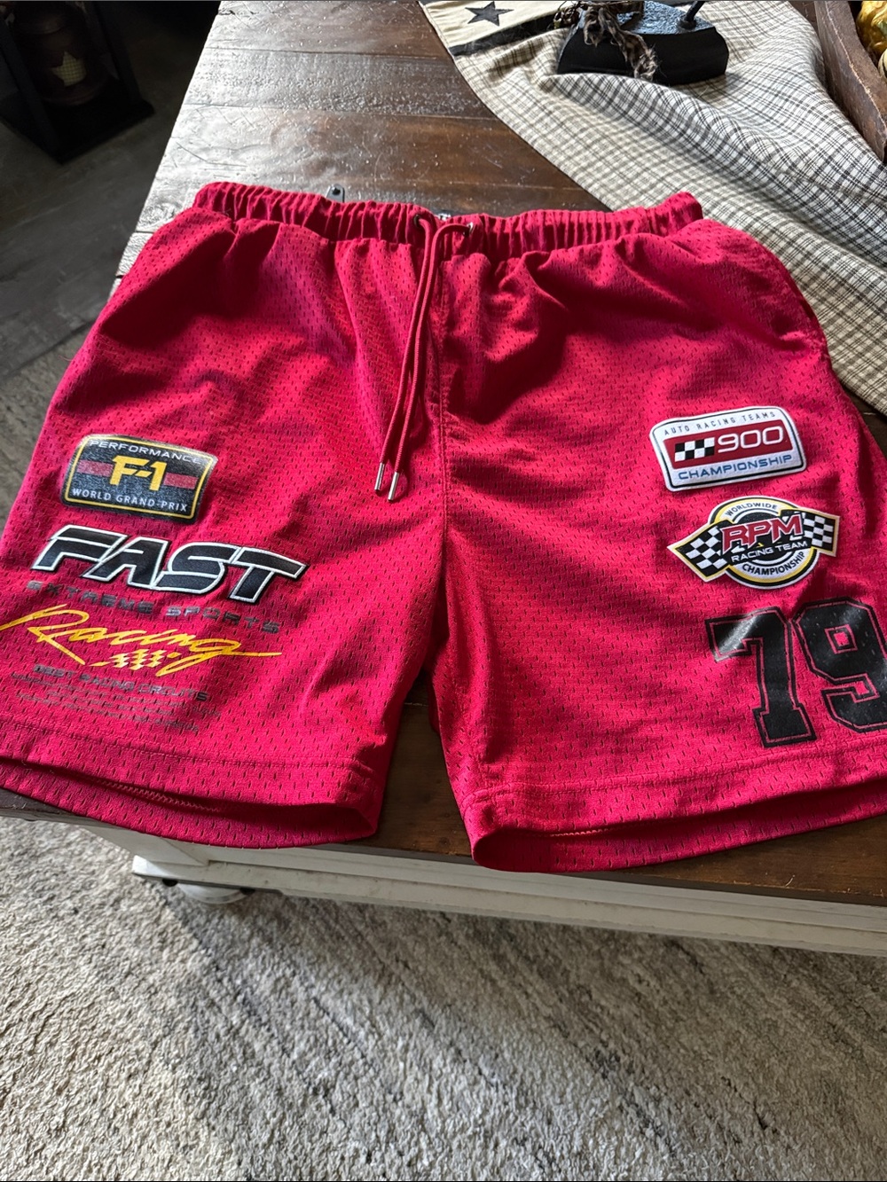 Men's Red Racing Patch Athletic Mesh Shorts with Drawstring